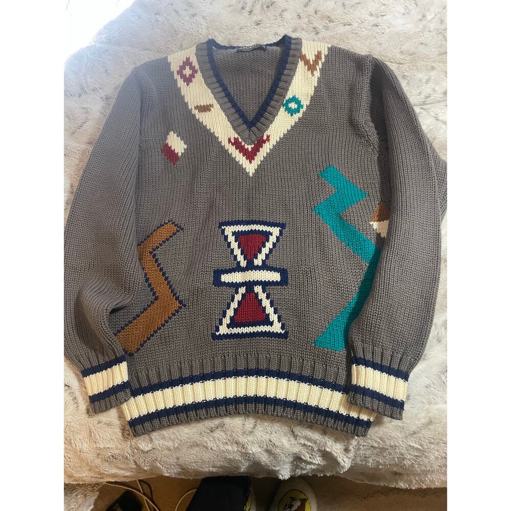 Puritan gray Aztec print wool blend artsy sweater size small